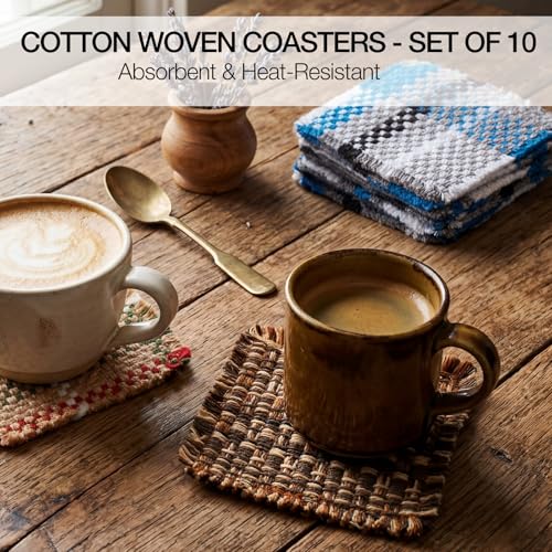 Set of 10 Fabric Drink Coasters, Handcrafted Cotton Woven Coasters for Table, Coastal Farmhouse Table Decor for Coffee Tea Cocktails, Absorbent Soft Desk Coasters for Kitchen Office, Housewarming Gift - color: Linen Brown