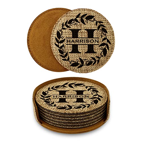 Smile Art Design Family Monogram PERSONALIZED COASTER Set of 6 with base Round Burlap Material Family Name Personalized Print Personalized Gifts House warming Wedding Gift Rustic Kitchen Decor Style3 - color: Style 03, size: Set of 6 - Round Coaster