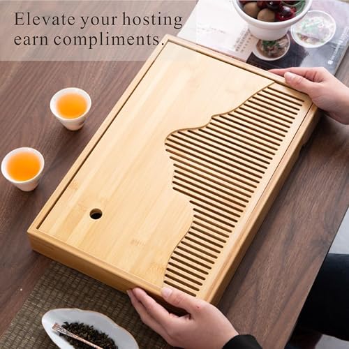 Bamboo Tea Tray & Table Set - Chinese Gongfu Tea Serving Tray with Tea Brush, Compact & Portable (11.8 Inch) - color: primary colours