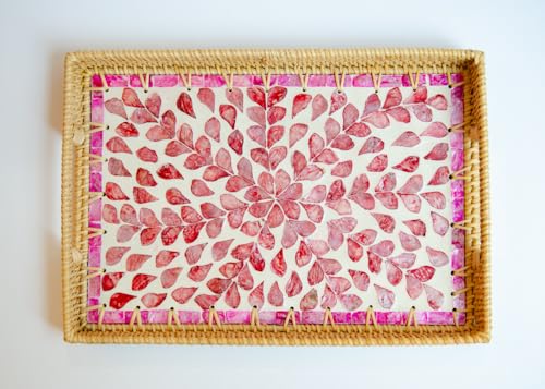Magenta & Teal Decorative Rectangle Rattan Serving Tray 13x9 inch Mother of Pearl Inlay, Wicker Coffee Table Decor, Farmhouse (Pink Flower) - color: Pink Flower