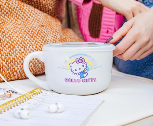 Silver Buffalo Sanrio Hello Kitty Rainbow Clouds Ceramic Soup Mug With Vented Lid For Ice Cream, Cereal, Beverages | Holds 24 Ounces - color: Rainbow Clouds