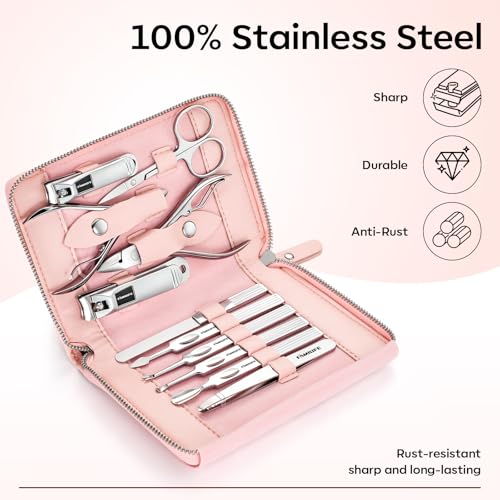 FAMILIFE Stainless Steel Manicure Set 11-in-1 Professional Nail Clipper Kit - color: Pink