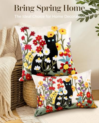 Embroidered Throw Pillow Cover, 20x12 Inch, Black Cat Floral - color: Flower Cats, size: 20" x 12" (Pack of 1)