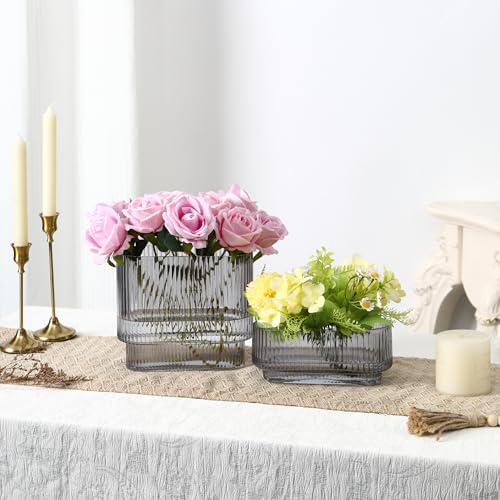 Short Glass Vases, Set of 2 Black Glass Vases for Tulips, Ribbed Vase for Flowers, Modern Small Vase for Living Room, Dining Room, Bathroom, Desk, Shelf, Wedding, Office - color: Gray, size: Oval x2