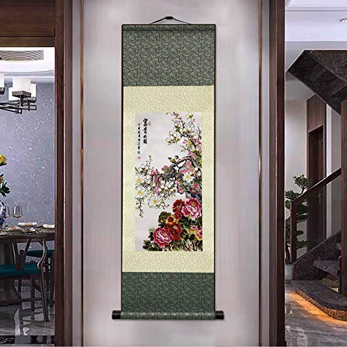 AtfArt Silk Scroll Painting, Asian Wall Art, Flowers, 36.2x12in - color: D01