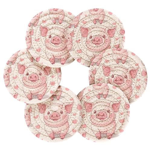 Cute Pig Drink Coasters Set - 6 Pcs Minimalist Woven Coasters with Holder for Home Decor, 3.94 Inch Absorbent Coasters for Drinks - color: C185