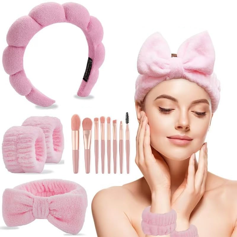 CAZYTOYZ Sponge Spa Headbands for Women Wristband Set Puffy Makeup Brush Headband Set for Washing Face Soft Towel Skin Care Head Band Cute Hair Band Shower - color: Pink