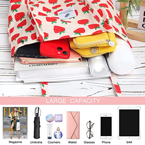 Ayieyill Corduroy Tote Bag for Women Canvas Shoulder Cord Purse with Inner Pocket - color: B-strawberry