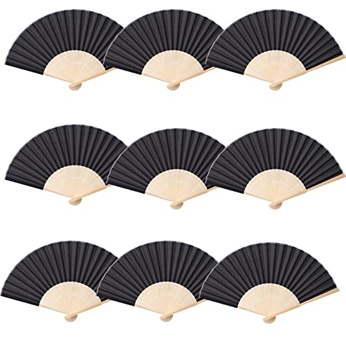 24pcs Imitated Silk Hand Fan Imitated Silk Fabric Bamboo Handheld Folded Fan Bridal Dancing Props Church Wedding Party Favors with Organza Bags (Black) - color: Black