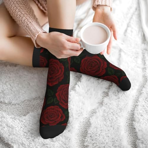 Crew Athletic Socks Funny Crazy Casual Sports Novelty Dress Socks for Women Men Running Hiking - color: Red Rose Flower