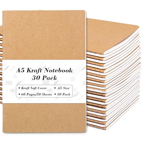 feela 30 Pack Kraft Notebooks, A5 60 Lined Pages Notebooks and Journals for Women Girls Students Making Plans Writing Memos Office School Supplies, 8.3 X 5.5 in - style: Lined-30 Pack
