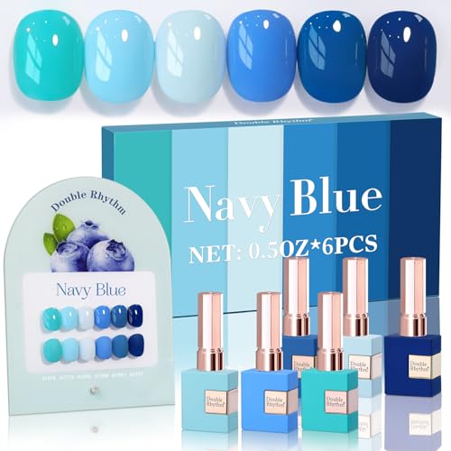 Double Rhythm 6 Pcs 15 ML Gel Polish Set Same Color Same Bottle Soak Off Gel Polish Kit Nail Art Manicure Salon DIY at Home for Women (Light Blue Dark Navy Teal-T6-14) - color: Navy Blue