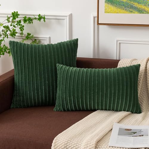 Kevin Textile Striped Corduroy 16”x16” Pillow Covers 2 Pack, Xmas Green - color: Christmas Green, size: 16" x 16" (Pack of 2)