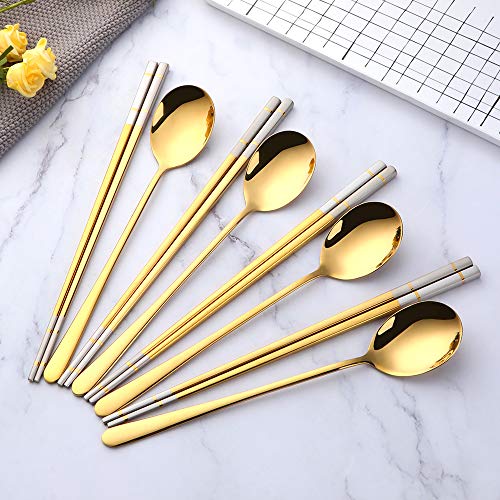 Buyer Star 4 Set Gold Square Chopsticks and Spoons Set Metal Stainless Steel Spoons Chopsticks Set - color: gold-square chopstick and spoon