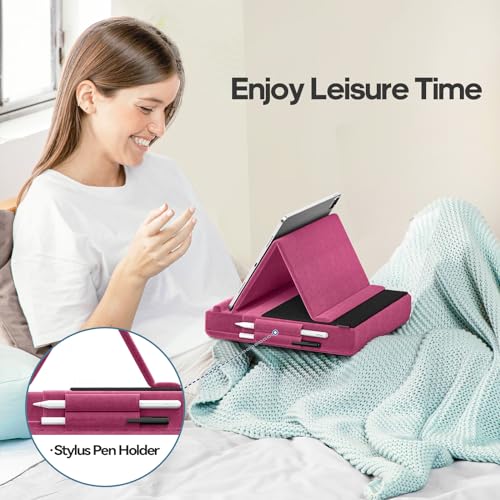 KDD Tablet Pillow Stand, Multi-Angle Viewing Ipad Holder for Lap, Bed and Desk, Foldable Soft Pad Dock with Stylus Mount Compatible with Ipad Pro 12.9, 10.5, 11, Air, Mini, Phones, Books, E-Reader - color: Purple