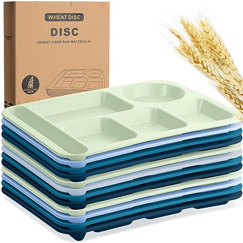 Pinkunn 12 Pcs 14'' Large Divided Plates Unbreakable Wheat Straw Lunch Trays 6 Compartments Cafeteria Trays Microwave Dishwasher Safe Food Separator Plates (Blue, Green, Dark Blue, Dark Green) - color: Blue, Green, Dark Blue, Dark Green
