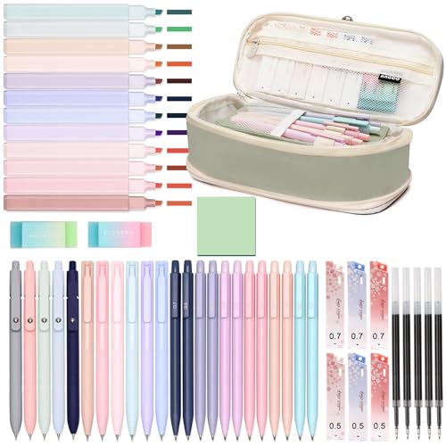 50 PCS Aesthetic School Supplies with Cute Pen Case,12 Pastel Highlighters,5 Black Ink Gel Pens, 12 Mechanical Pencils Set 0.5 & 0.7 mm 6 Color Gel Pens for Students Stationary College Essentials - color: Green