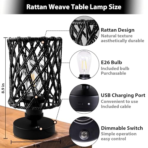 Cordless Outdoor Table Lamps, Small Rattan Boho, Rechargeable Battery Operated for Outdoor Patio, Home, Living Room, Bedroom, Bedside - Set of 2 (Black-A) - color: Black-A
