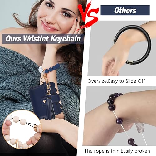 Wristlet Wallet for Women with Keychain – RFID Card Holder Small Wallet Wristlet with Key Ring - color: Navy Blue, style: Classic