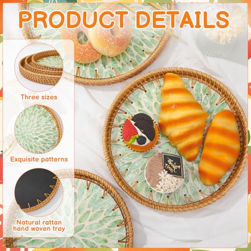 3 Pack Round Rattan Tray with Mother of Pearl Inlay