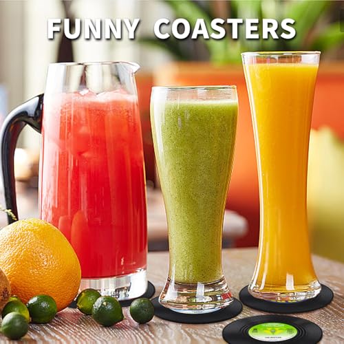 Funny Retro Record Coasters for Drinks with Vinyl Player Holder for Music Lovers,Set of 6 Conversation Piece Sayings Drink Coaster,Housewarming Hostess Wedding Registry Gift Ideas - style: A001