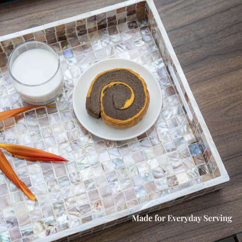 PEMAR Mother of Pearl Tray 15.7x11.8 Rectangle Handcrafted Serving Tray - color: Artisan Brown Mosaic