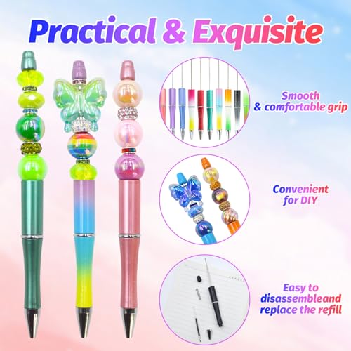 300 Pieces DIY Beadable Pen Kit – 100 Plastic Ballpoint Pens with Refills & Bags – School Supplies, Office Accessories & Decorative Items for Students & Teachers (Gradient) - color: B-Multicolor 02, size: 100