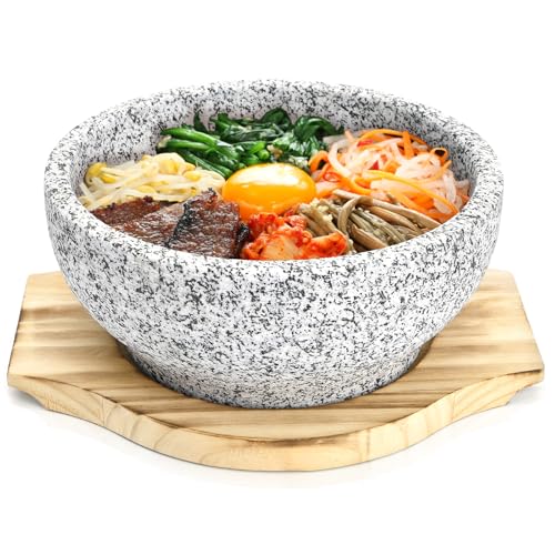 Dolsot Bibimbap Bowl with Wood Tray, 27 Oz Granite Stone Bowls - size: Medium
