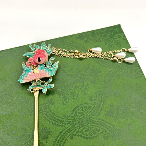 Peony with Pearl Tassels Hairpin Chinese Hanfu and Han Style Hair Retro Flower with Metal Handmade Hair Clip Hair Accessories for Women Girls Long Hair (Peony Flower) - color: Peony Flower