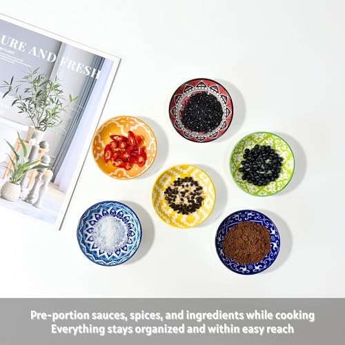 Ceramic Dipping Bowls, 3 oz Soy Sauce Dish Pinch Bowls Set of 6 - color: Vibrant Mandala