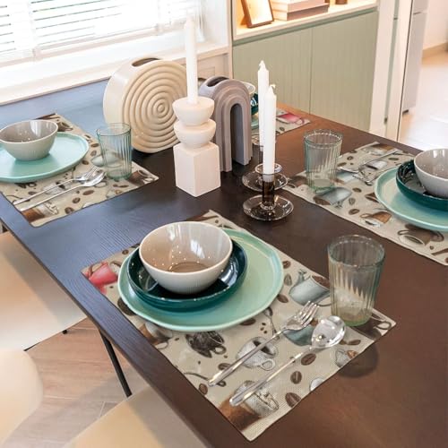Coffee Cups and Beans Placemats Washable Table Placemat Set of 4 - color: Red Brown, size: Set of 4