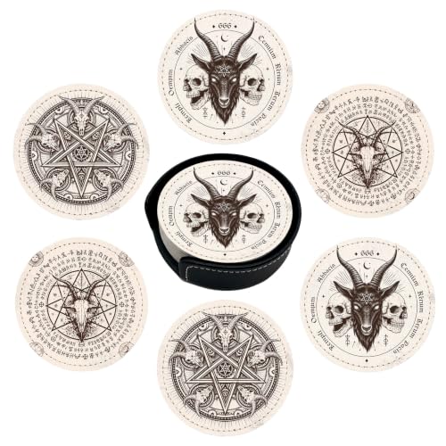 Satan Goat Skull Coasters for Drinks with Holder Leather Coasters Set of 6 for Coffee Table - color: Satan Goat