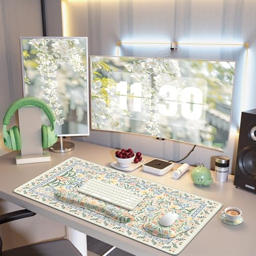 iCasso Green Desk Pad Mat, Large Mouse Pad and Keyboard Wrist Rest Set - color: Green Floral
