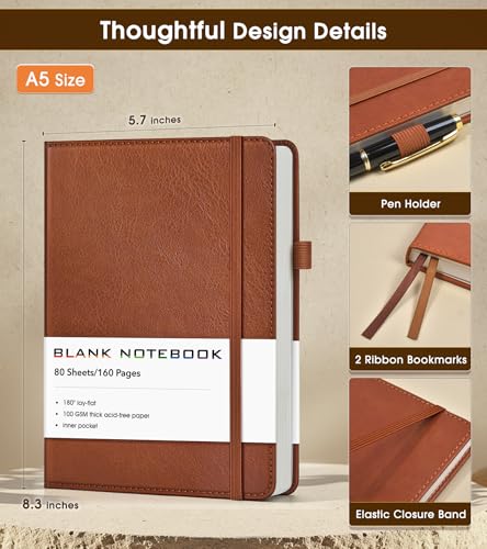 Journal Notebook, A5 Leather Hardcover Blank Sketchbook, 160 Pages, 180° Lay-Flat Binding, 100 GSM Thick Paper, for Sketching, Drawing, Art Journaling & Creative Writing (Brown) - color: Brown, size: Plain