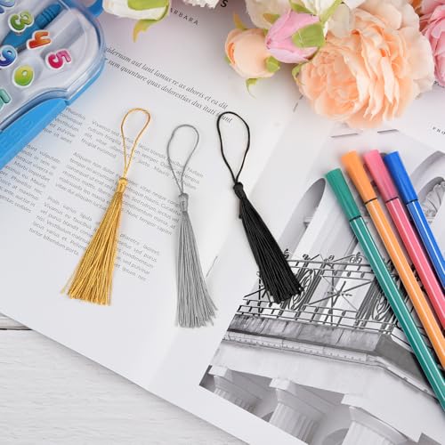 100 Pcs Bookmark Tassels Bulk Gold Silver Black Soft Craft Silky Handmade Mini Tassels for Jewelry Making with Loops for DIY Craft Accessory Dress Decoration - color: Gold Silver Black