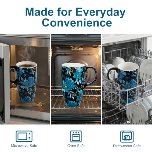 Topadorn 17oz Ceramic Travel Mug, Blue Floral Coffee Mug with Lid & Handle - color: Blue Flower