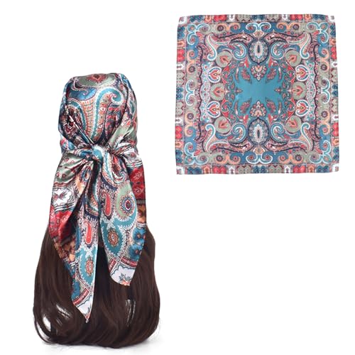 35 Inches Silk Head Scarf-Satin Hair Scarves Silk Bandana Scarf Headscarf for Women's Fashion Scarves - color: Cashews With Buddha-blue