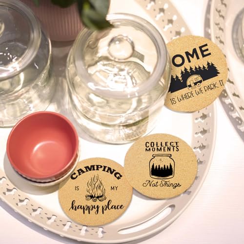 Coasters for Drinks with Holder Set of 6, Camping Coaster Absorbent Cork Wood for Cup Desk Office Table Kitchen Decor House Warming Gifts for New Home Couples, Round 4" - color: Camping