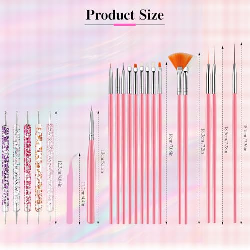 Nail Art Tools Set, Nail Art Kit for Beginners: 15 professional nail brushes for nail art, 5 precision dotting tools, 1 pink curved tweezers, Design Tools for Nail Tech & Beginners