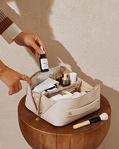 EACHY Travel Makeup Bag for Women, PU Leather Cosmetic Bag, White, Medium - color: A - White, size: Medium