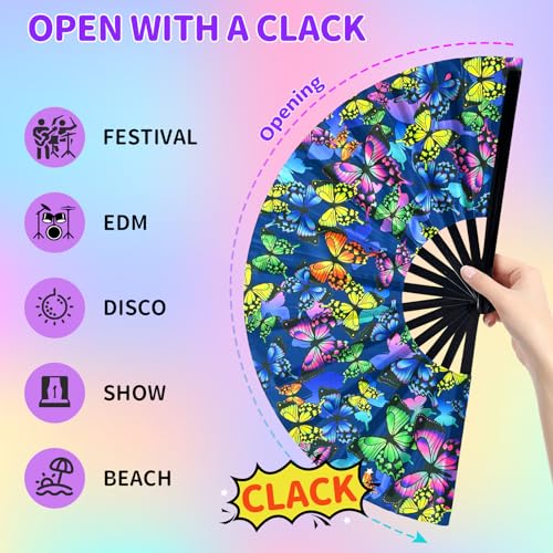 EOSAU Large UV Glow Rave Fan Folding Hand Fans for Line Dancing Butterflies - color: 13" Butterflies