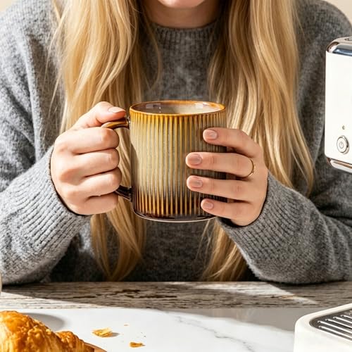 theterra Ceramic Coffee Mugs Set of 6, 14.2 oz Coffee Cups with Handle - color: Creamy Amber, size: 14 OZ (Set of 6)