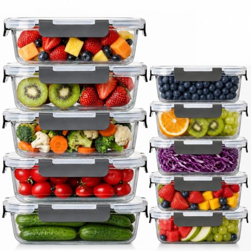 10 Piece Glass Food Storage Containers with Lids, Meal Prep Containers Set - color: Gray Borosilicate glass