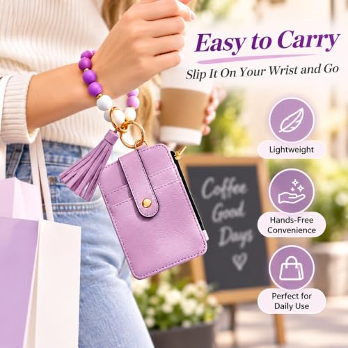 Boho Beaded Wallet Wristlet Keychain Card Holder Tassel Purse - color: A1:purple