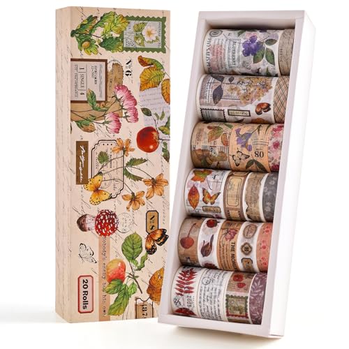 20 Rolls Vintage Washi Tape Set, Floral Letter Butterfly Mushroom Botanical Flower Writable Decorative Tapes for Scrapbooking , Junk Journal Supplies, Bullet Journaling 10-60mm Wide 6.56ft long/Roll - style: Botanical Style 2