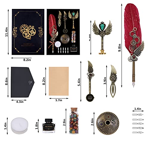 Quill Pen Set, Feather Pen, Ink, Bookmarks, Seals, Nibs, Wax Bead, Envelopes, Writing Paper, Gift Box, Red - color: Red