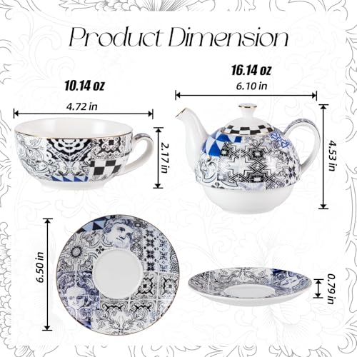KAMMAK Tea for One Set, Ceramic Teapot, Bone China Tea Set, Cup and Saucer - color: Black and White-XY17