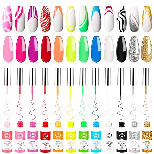 Gel Nail Art Polish Set with Thin Liner Brush for Nail Design 12 Colors