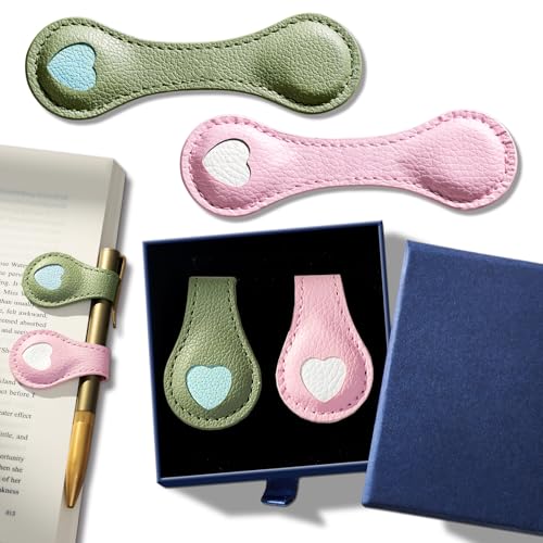 Ovesmusl 2Pcs PU Leather Heart Magnetic Bookmarks with Pen Holder - style: Heart (Pink+Green)