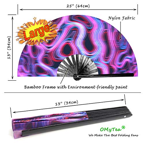 OMyTea Large Rave Clack Folding Hand Fan for Men/Women - Chinese Japanese Bamboo Handheld Fan - for EDM, Music Festival, Club, Event, Party, Dance, Performance, Decoration, Gift (Psychedelic Neon) - color: Psychedelic Neon